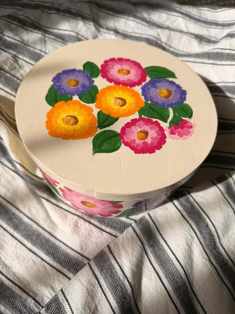 Hand-Painted Round Wooden Storage Box with Floral Motif